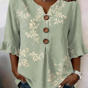 V Neck Half Sleeve Leaf Printing Regular Micro-Elasticity Regular Fit Blouse For Women, Blouses, color:Green|size:5XL, catalog Noracora shop