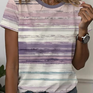 Vintage Striped Crew Neck Short Sleeve T-shirt, T-shirts, color:Purple|size:XXL, catalog Noracora shop