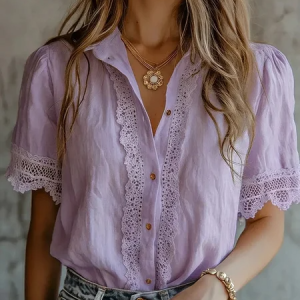 Shawl Collar Short Sleeve Plain Regular Loose Shirt For Women, Shirts, color:Purple|size:3XL, catalog Noracora shop