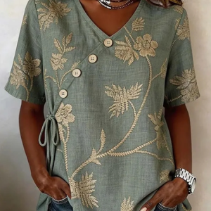 Crew Neck Half Sleeve Floral Lightweight Loose Shirt For Women, Shirts, color:Green|size:4XL, catalog Noracora shop