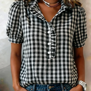 Short Sleeve Plaid Regular Loose Shirt For Women, T-shirts, color:Black|size:XXL, catalog Noracora shop