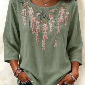 Crew Neck Three Quarter Sleeve Floral Regular Loose Blouse For Women, Blouses, color:Green|size:5XL, catalog Noracora shop