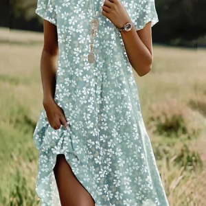 Women Floral Summer Dress Crew Neck Short Sleeve Tunic H-Line Dress, Dresses, color:Green|size:XXL, catalog Noracora shop