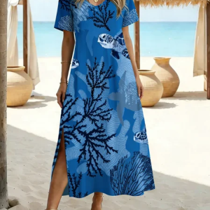 Women Shell Summer Dress V Neck Short Sleeve T-Shirt Dress A-Line Dress, Dresses, color:Blue|size:4XL, catalog Noracora shop