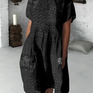 Women Geometric Summer Dress Crew Neck Short Sleeve O-Line Dress, Dresses, color:Black|size:XXL, catalog Noracora shop