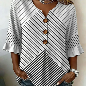 V Neck Half Sleeve Striped Printing Regular Micro-Elasticity Regular Fit Blouse For Women, Blouses, color:White|size:5XL, catalog Noracora shop