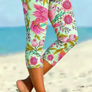 Women Floral Elastic Waist Vintage Summer Capris Leggings, Leggings, color:Green|size:5XL, catalog Noracora shop