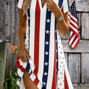 Women Independence Day (Flag) Summer Printing Dress Shawl Collar Short Sleeve A-Line Dress, Dresses, color:White|size:XXL, catalog Noracora shop