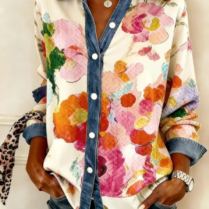 Shirt Collar Long Sleeve Floral Regular Loose Shirt For Women, Shirts, color:As Picture|size:M, catalog Noracora shop