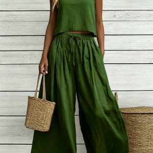 Women Plain Two-Piece Set Daily Sleeveless Vintage Summer Top With Pants Matching Set, Sets, color:Green|size:3XL, catalog Noracora shop