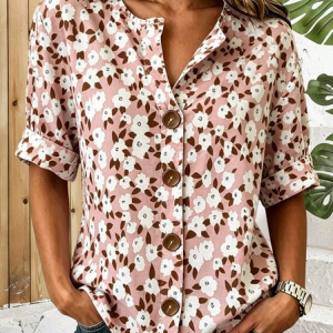 Stand Collar Three Quarter Sleeve Floral Regular Loose Shirt For Women, Shirts, color:Pink|size:5XL, catalog Noracora shop