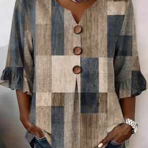 V Neck Half Sleeve Abstract Printing Regular Micro-Elasticity Regular Fit Blouse For Women, Blouses, color:As Picture|size:5XL, catalog Noracora shop