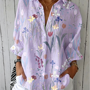 Shirt Collar Three Quarter Sleeve Floral Regular Loose Shirt For Women, Shirts, color:lavender|size:5XL, catalog Noracora shop