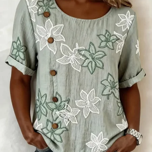 Crew Neck Short Sleeve Floral Lightweight Loose Shirt For Women, T-shirts, color:Light_green|size:5XL, catalog Noracora shop