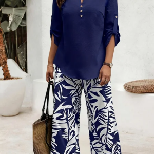 Women Leaf Two-Piece Set Daily Short Sleeve Casual Summer Top With Pants Matching Set, Jumpsuits&Rompers, color:Blue|size:3XL, catalog Noracora shop
