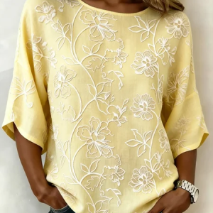 Crew Neck Half Sleeve Floral Lightweight Loose Shirt For Women, Blouses, color:Yellow|size:4XL, catalog Noracora shop