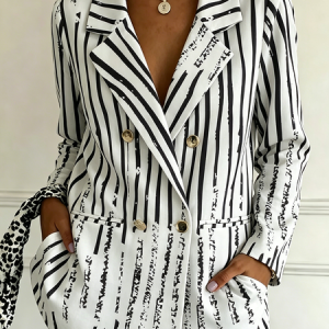 Women Striped Spring/Fall Outerwear Elegant Long Sleeve Regular Blazer, Blazers, color:Black-white|size:3XL, catalog Noracora shop