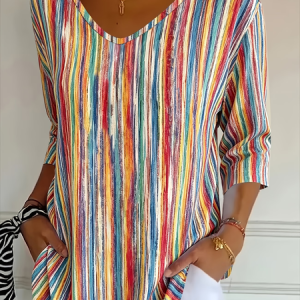 Casual Abstract Stripes V Neck Three Quarter Sleeve T-shirt, T-shirts, color:As Picture|size:5XL, catalog Noracora shop