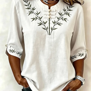 Mandarin Collar Half Sleeve Leaf Printing Regular Micro-Elasticity Regular Fit Blouse For Women, Blouses, color:White|size:5XL, catalog Noracora shop