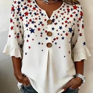 V Neck Half Sleeve Independence Day (Flag) Printing Regular Micro-Elasticity Regular Fit Blouse For Women, Blouses, color:As Picture|size:5XL, catalog Noracora shop