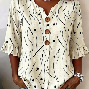 V Neck Half Sleeve Geometric Regular Regular Fit Blouse For Women, Blouses, color:Off White|size:5XL, catalog Noracora shop