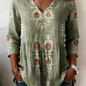 V Neck Long Sleeve Ethnic Geometry Regular Loose Shirt For Women, Blouses, color:Green|size:5XL, catalog Noracora shop