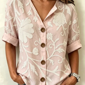Stand Collar Three Quarter Sleeve Floral Pattern Regular Loose Shirt For Women, Shirts, color:Pink|size:5XL, catalog Noracora shop