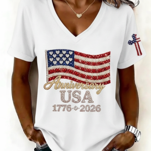 Casual America Flag V Neck Short Sleeve T-shirt, T-shirts, color:White|size:4XL, catalog Noracora shop