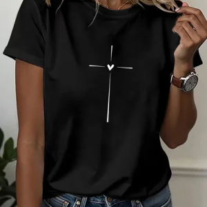 Casual Heart/Cordate Crew Neck Short Sleeve T-shirt, T-shirts, color:Black|size:XXL, catalog Noracora shop