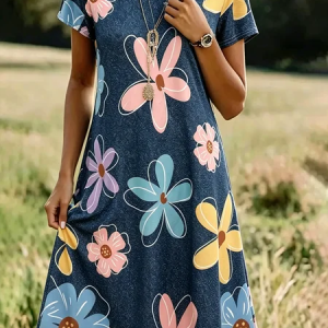 Women Faux Denim Print Graphic Summer Dress Crew Neck Short Sleeve Tunic H-Line Dress, Dresses, color:Denim Blue|size:5XL, catalog Noracora shop