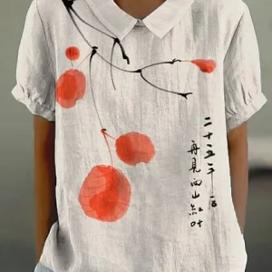 Shawl Collar Short Sleeve Floral Regular Loose Shirt For Women, Blouses, color:Apricot|size:5XL, catalog Noracora shop