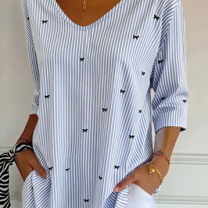 Casual Striped V Neck Three Quarter Sleeve T-shirt, T-shirts, color:Blue|size:5XL, catalog Noracora shop