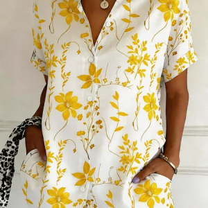 Shawl Collar Short Sleeve Floral Regular Regular Fit Shirt For Women, Shirts, color:Yellow|size:4XL, catalog Noracora shop