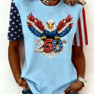 Independence Day America 250 Years Anniversary Printing Crew Neck Short Sleeve T-shirt, T-shirts, color:Sky Blue|size:5XL, catalog Noracora shop
