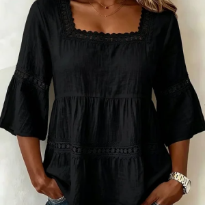 Half Sleeve Plain Regular Loose Blouse For Women, Blouses, color:Black|size:3XL, catalog Noracora shop