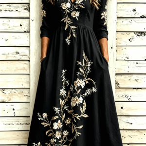 Women Floral Spring/Fall Dress V Neck Three Quarter Sleeve A-Line Dress, Dresses, color:Black|size:4XL, catalog Noracora shop