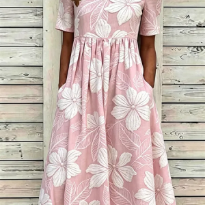 Women Floral Summer Dress Crew Neck Half Sleeve A-Line Dress, Dresses, color:Pink|size:4XL, catalog Noracora shop