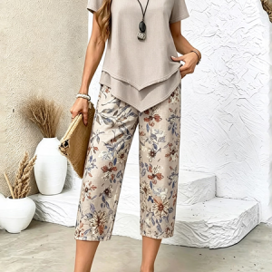 Women Floral Printing Two-Piece Set Daily Short Sleeve Casual Summer Top With Pants Matching Set, Sets, color:Khaki|size:5XL, catalog Noracora shop