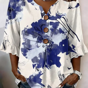 V Neck Half Sleeve Floral Printing Regular Micro-Elasticity Regular Fit Blouse For Women, Blouses, color:Blue|size:5XL, catalog Noracora shop