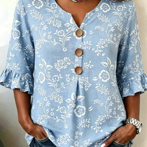 V Neck Half Sleeve Floral Regular Regular Fit Blouse For Women, Tops, color:Light Blue|size:5XL, catalog Noracora shop