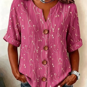 V Neck Three Quarter Sleeve Leaf Regular Loose Shirt For Women, Shirts, color:Rose Red|size:5XL, catalog Noracora shop