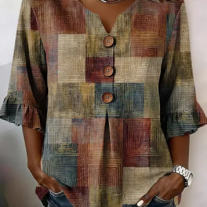 V Neck Half Sleeve Abstract Printing Regular Micro-Elasticity Regular Fit Blouse For Women, Blouses, color:As Picture|size:5XL, catalog Noracora shop