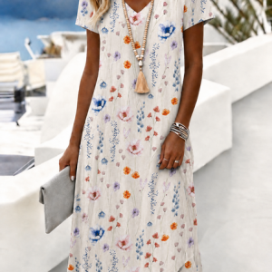Women Floral Summer Dress V Neck Short Sleeve T-Shirt Dress A-Line Dress, Dresses, color:Off White|size:5XL, catalog Noracora shop