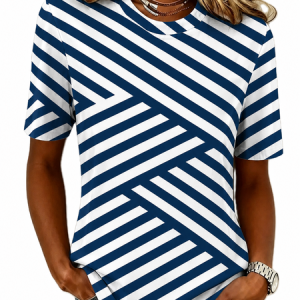 Vintage Striped Crew Neck Short Sleeve T-shirt, T-shirts, color:stripe-blue|size:XXL, catalog Noracora shop