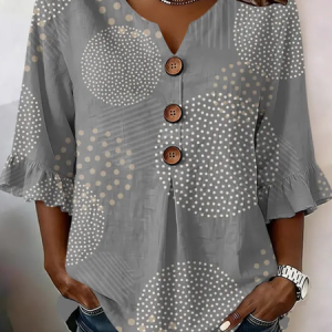 V Neck Half Sleeve Abstract Printing Regular Micro-Elasticity Regular Fit Blouse For Women, Blouses, color:Gray|size:5XL, catalog Noracora shop