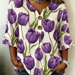 V Neck Half Sleeve Floral Regular Regular Fit Blouse For Women, Blouses, color:As Picture|size:5XL, catalog Noracora shop