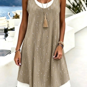 Women Leaf Summer Dress Crew Neck Sleeveless Tank A-Line Dress, Dresses, color:Light Khaki|size:4XL, catalog Noracora shop