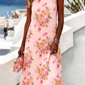Women Floral Summer Dress Crew Neck Sleeveless Tank A-Line Dress, Dresses, color:Pink|size:4XL, catalog Noracora shop