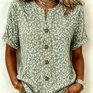 V Neck Three Quarter Sleeve Floral Regular Loose Shirt For Women, Shirts, color:Green|size:5XL, catalog Noracora shop
