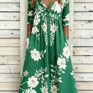 Women Floral Summer Dress Half Open Collar Half Sleeve A-Line Dress, Dresses, color:Green|size:4XL, catalog Noracora shop